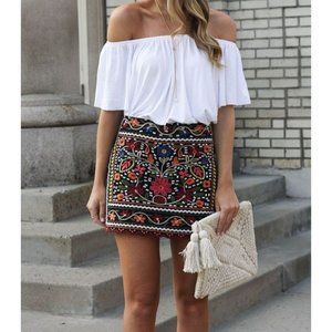 Miami Womens Embroidered Mini Skirt S Black Floral Cotton